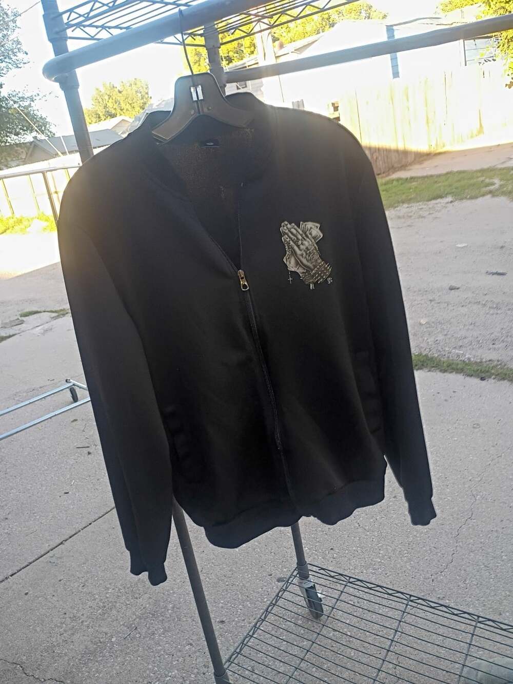 Bomber Jacket Size S Black Prayer Hands Money Graphic Zip Up